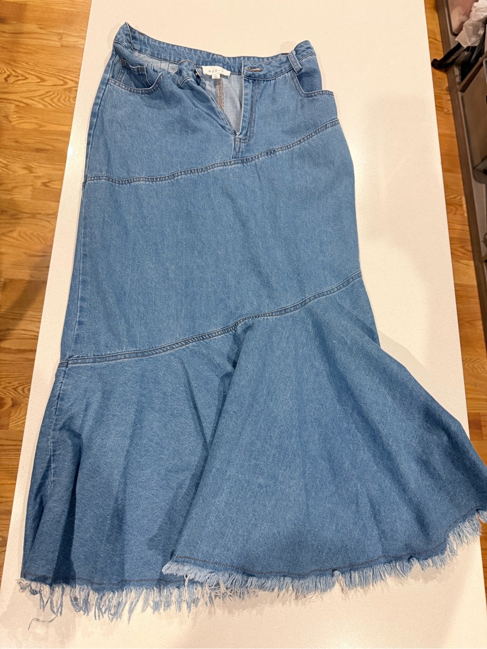 Women's Light Blue Denim Flare Skirt - Casual Frayed Hem